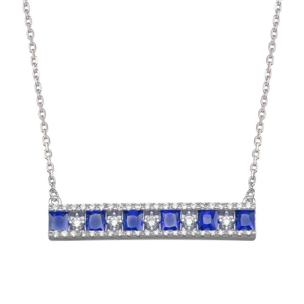 Rhodium Plated 925 Sterling Silver Horizontal Bar Blue CZ Necklace - BGP01368BLU | Silver Palace Inc.