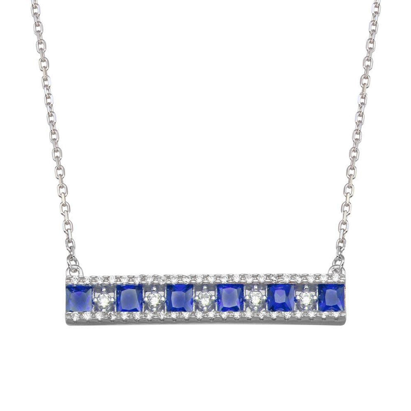 Silver 925 Rhodium Plated Horizontal Bar Blue CZ Necklace - BGP01368BLU | Silver Palace Inc.
