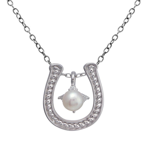 Silver 925 Clear Rhodium Plated Horse Shoe Pearl Center Necklace - BGP01374 | Silver Palace Inc.