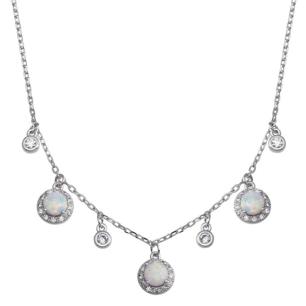 Rhodium Plated 925 Sterling Silver Dangling CZ and Round Synthetic Opal Necklace - BGP01377 | Silver Palace Inc.