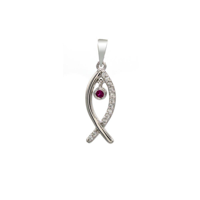 Rhodium Plated 925 Sterling Silver Fish Pendant with Clear and Pink CZ - BGP01378 | Silver Palace Inc.