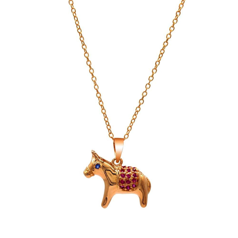 Silver 925 Rose Gold Plated Donkey Pendant Necklace with Pink and Blue CZ Stones - BGP01379 | Silver Palace Inc.