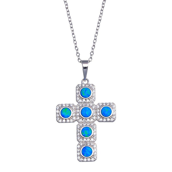 Silver 925  Rhodium Plated Cross Blue and Clear CZ Necklace - BGP01386 | Silver Palace Inc.