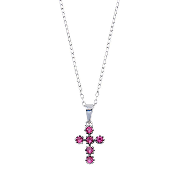 Rhodium Plated 925 Sterling Silver Cross Pink CZ Necklace  - BGP01393 | Silver Palace Inc.