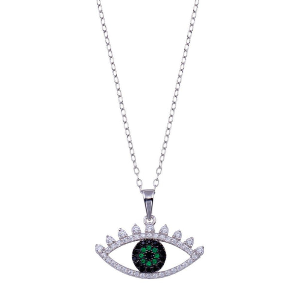 Silver 925 Rhodium Plated Clear Green CZ Evil Eye Necklace - BGP01400 | Silver Palace Inc.