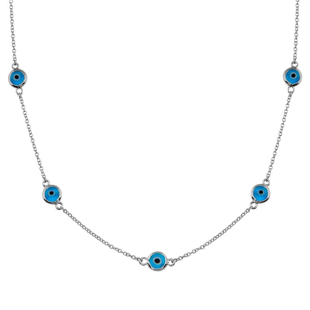 Rhodium Plated 925 Sterling Silver Evil Eye by the Yard Necklace - BGP01402RHD | Silver Palace Inc.