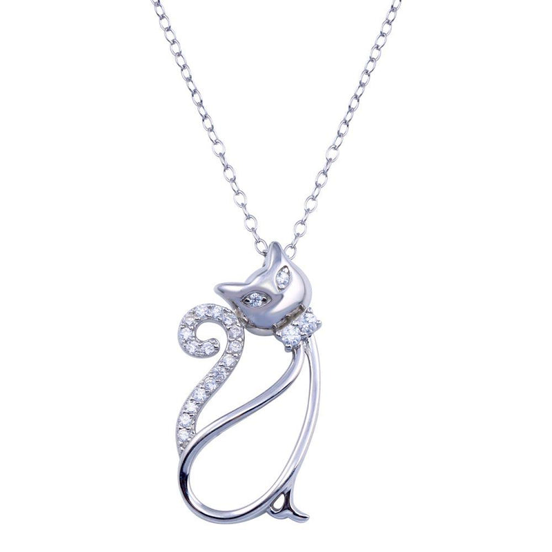 Rhodium Plated 925 Sterling Silver Clear CZ Cat Necklace - BGP01404 | Silver Palace Inc.
