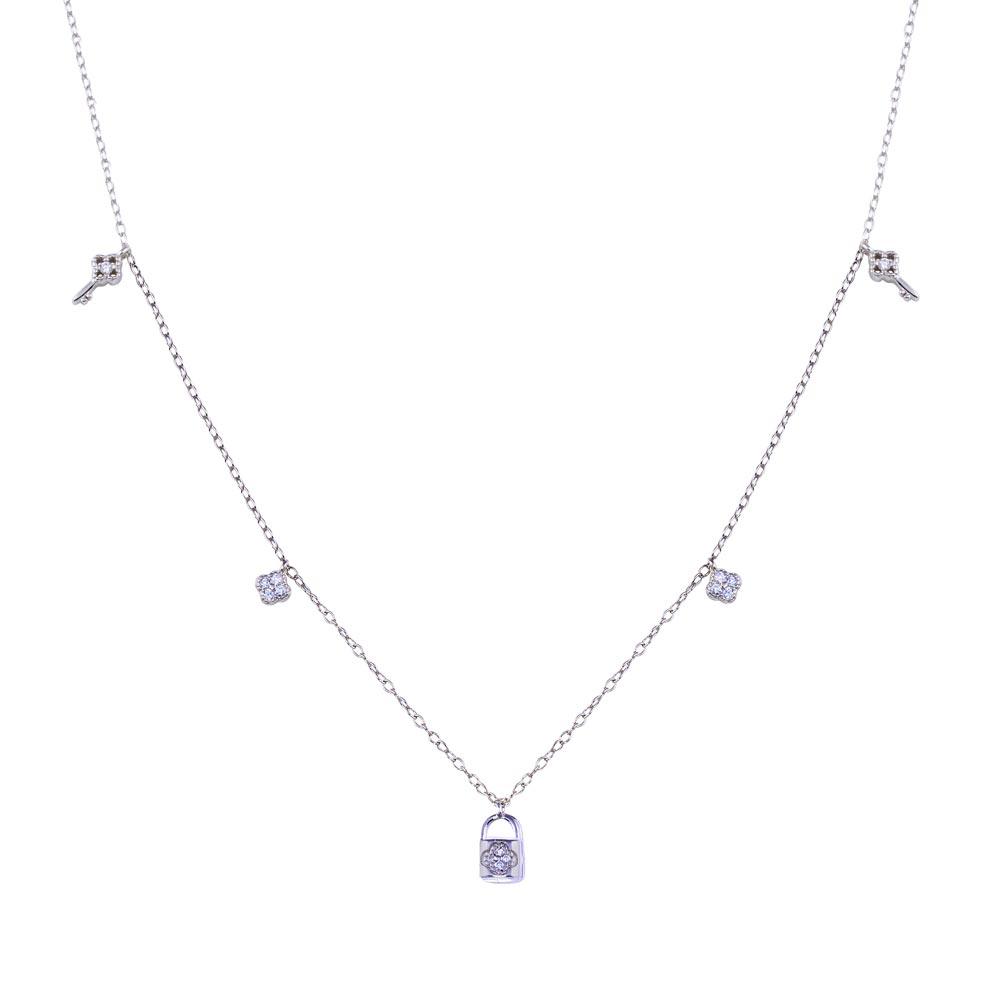 Rhodium Plated 925 Sterling Silver Clear CZ Lock and Key Necklace - BGP01406 | Silver Palace Inc.