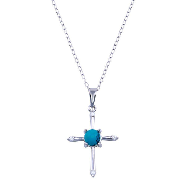 Rhodium Plated 925 Sterling Silver Cross Turquoise CZ Necklace - BGP01415 | Silver Palace Inc.