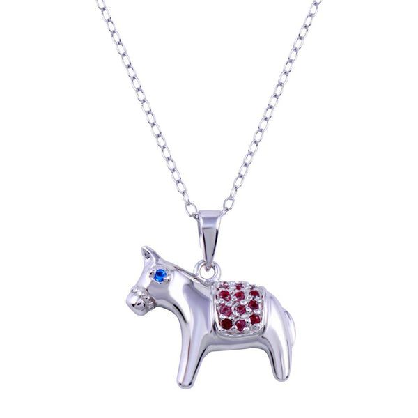 Rhodium Plated 925 Sterling Silver Donkey Red and Blue CZ Necklace - BGP01417 | Silver Palace Inc.