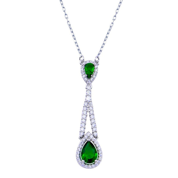 Rhodium Plated 925 Sterling Silver Teardrop Green CZ Necklace - BGP01423 | Silver Palace Inc.