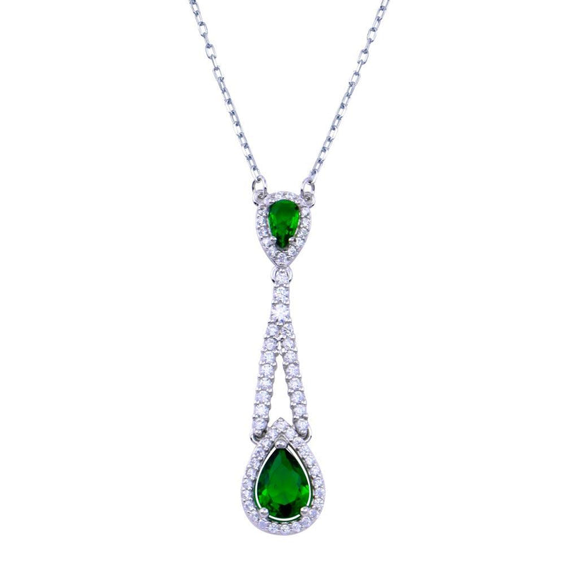 Rhodium Plated 925 Sterling Silver Teardrop Green CZ Necklace - BGP01423 | Silver Palace Inc.