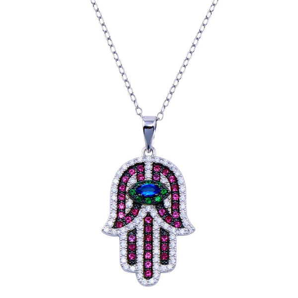 Rhodium Plated 925 Sterling Silver Hamsa Multicolor CZ Necklace - BGP01426 | Silver Palace Inc.