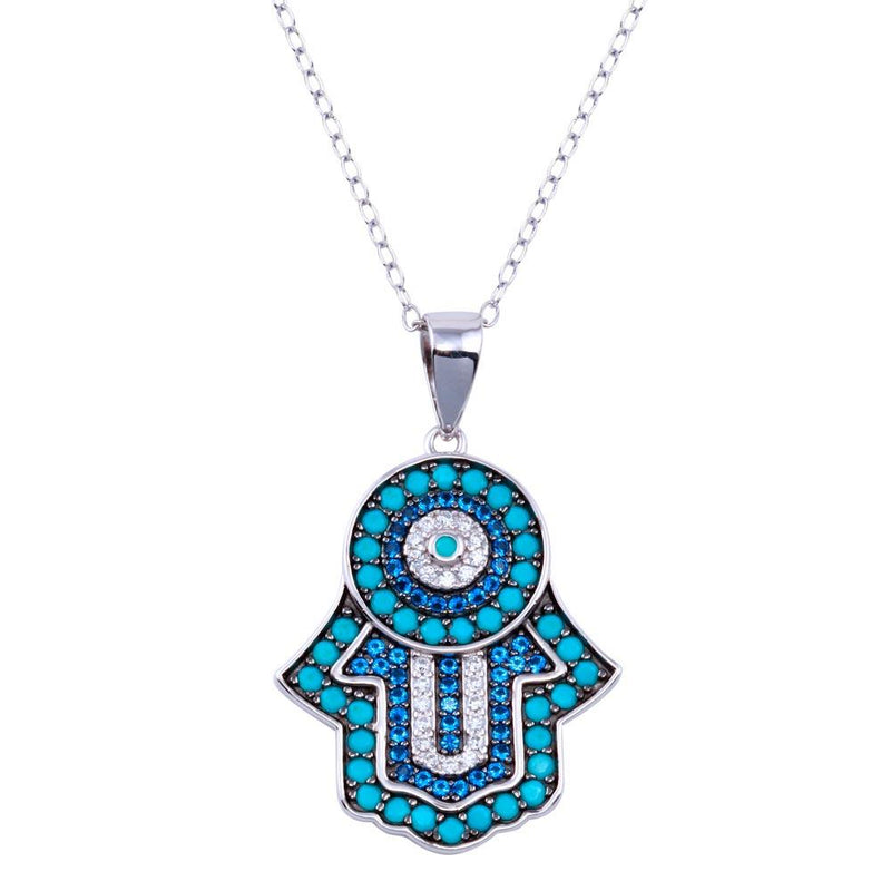 Rhodium Plated 925 Sterling Silver Turquoise Hamsa Clear and Blue CZ Necklace - BGP01427 | Silver Palace Inc.