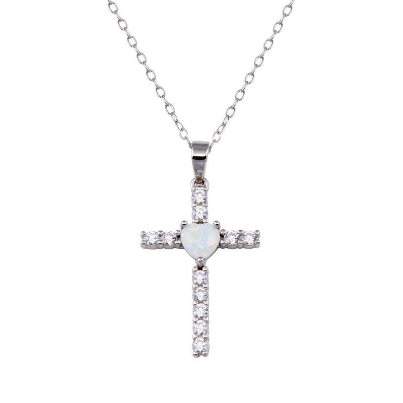 Rhodium Plated 925 Sterling Silver Cross Heart Opal Clear CZ Necklace - BGP01438 | Silver Palace Inc.
