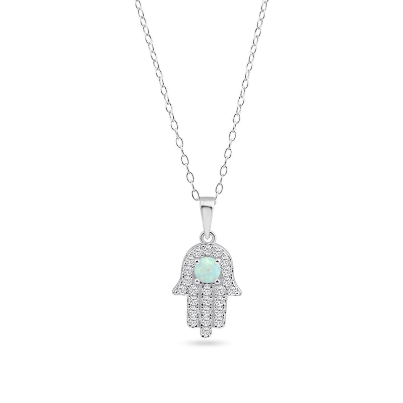 Rhodium Plated 925 Sterling Silver Hamsa Opal and Clear CZ Adjustable Necklace - BGP01451 | Silver Palace Inc.
