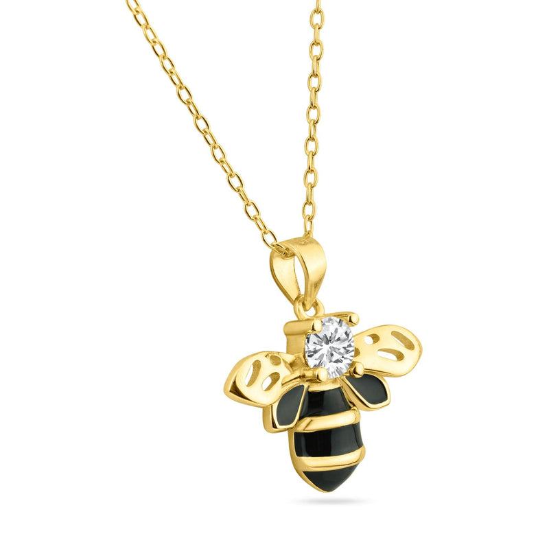 Silver 925 Gold Plated Clear and Black Enamel Bee Pendant Necklace - BGP01454 | Silver Palace Inc.