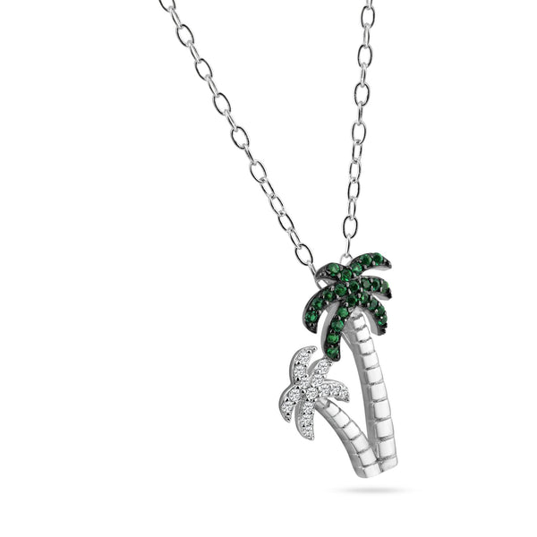 Rhodium Plated 925 Sterling Silver Green and Clear Two Palm Tree Pendant Necklace - BGP01458