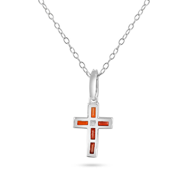 Rhodium Plated 925 Sterling Silver Cross Red CZ Pendant Necklace - BGP01461 | Silver Palace Inc.