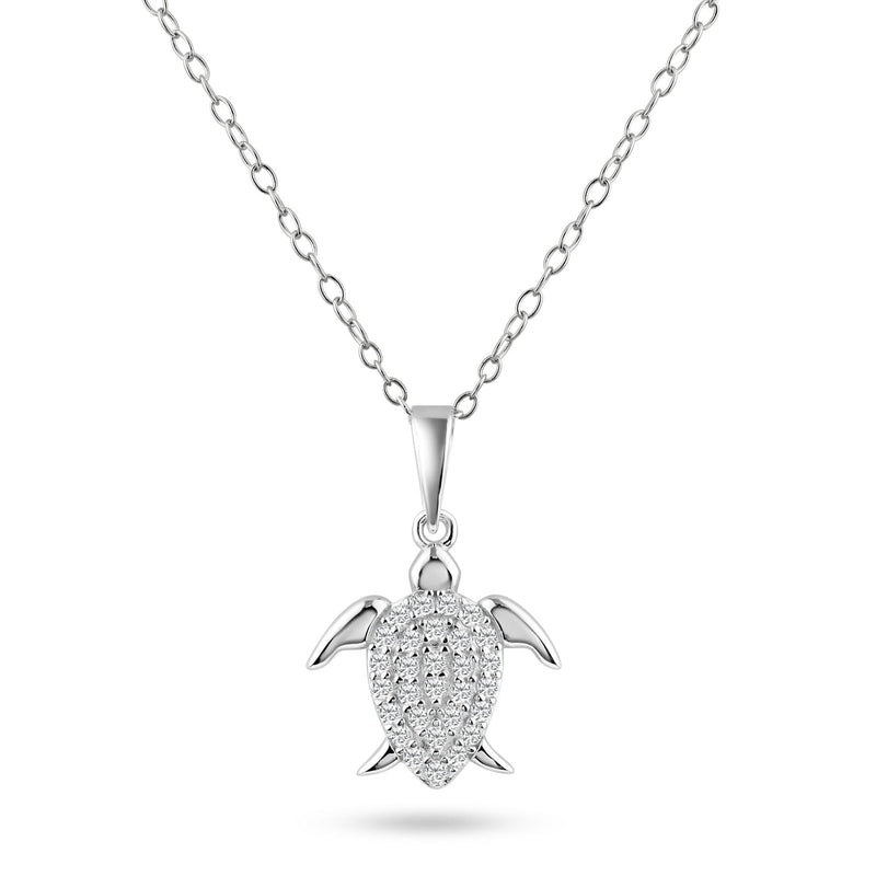 Rhodium Plated 925 Sterling Silver Turtle Clear CZ Pendant Necklace - BGP01464 | Silver Palace Inc.