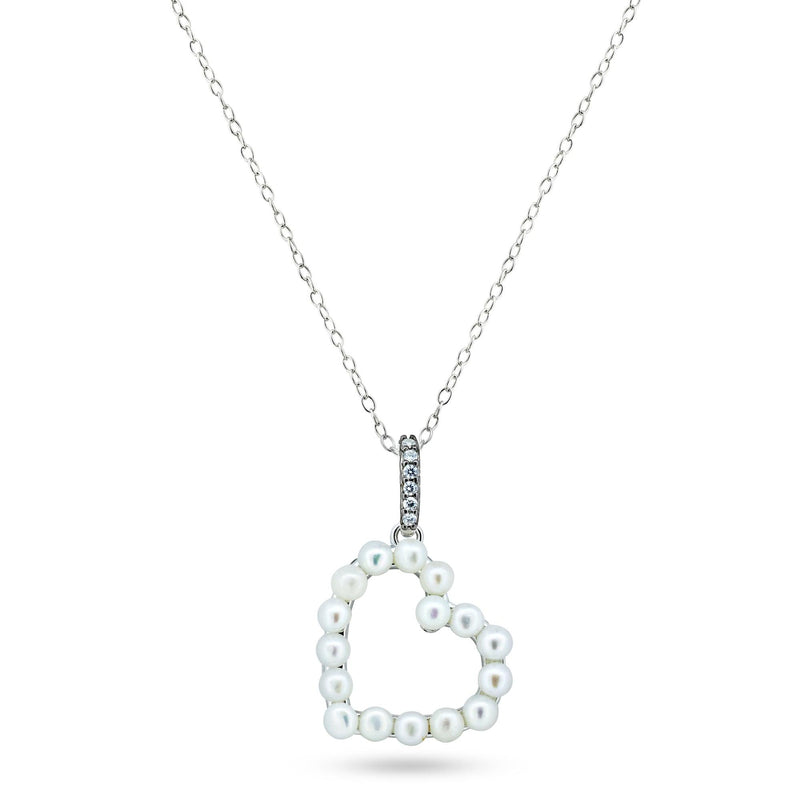 925 Sterling Silver Rhodium Plated Pearl Heart Necklace - BGP01466 | Silver Palace Inc.