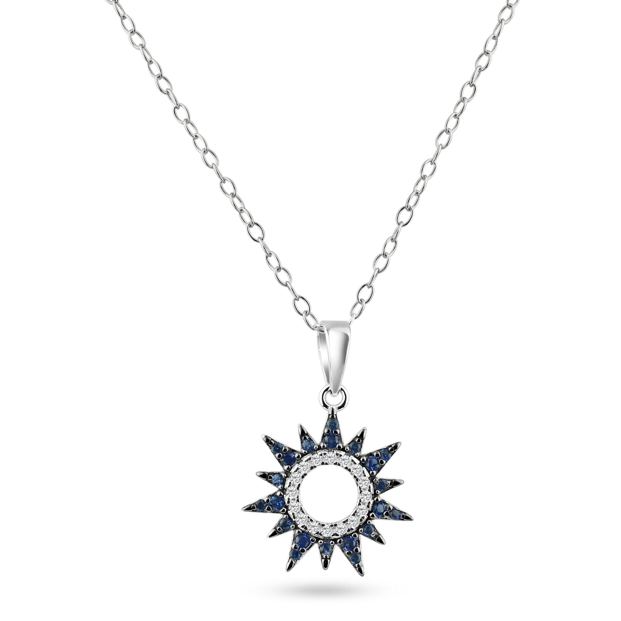 Rhodium Plated 925 Sterling Silver Sun Blue and Clear CZ Pendant Necklace - BGP01468 | Silver Palace Inc.