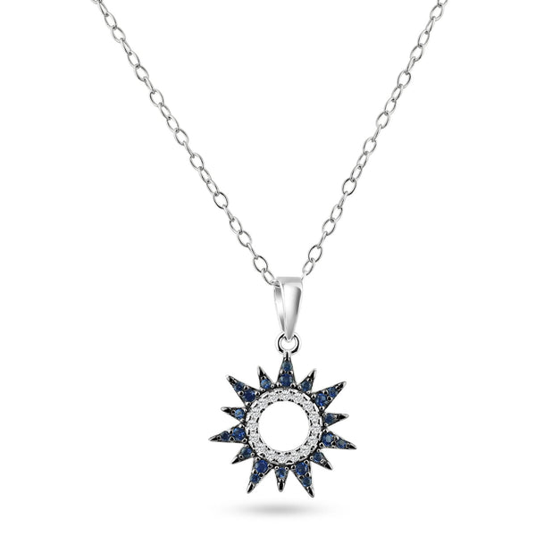 Silver 925 Rhodium Plated Sun Blue and Clear CZ Pendant Necklace - BGP01468 | Silver Palace Inc.