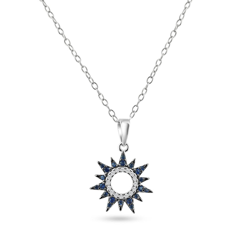 Rhodium Plated 925 Sterling Silver Sun Blue and Clear CZ Pendant Necklace - BGP01468 | Silver Palace Inc.