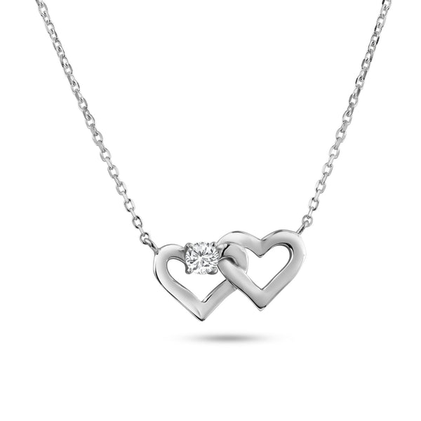 Silver 925 Rhodium Plated Twin Hearts Clear CZ Pendant Necklace - BGP01470 | Silver Palace Inc.