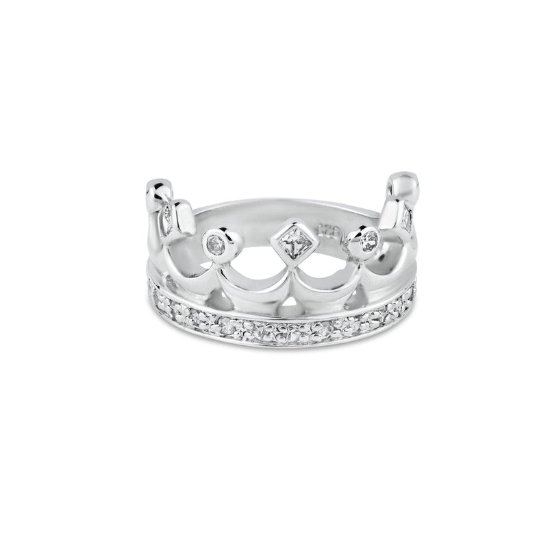 Silver 925 Rhodium Plated Clear CZ Crown Ring - BGR00002 | Silver Palace Inc.