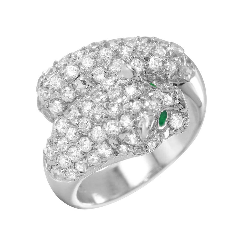 Silver 925 Rhodium Plated Green and Clear Pave Set CZ Jaguar Ring - BGR00006 | Silver Palace Inc.