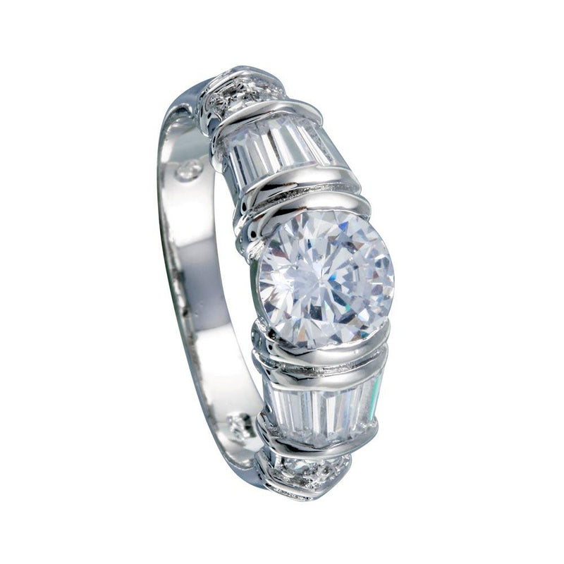 Silver 925 Rhodium Plated Clear Baguette Round CZ Ring - BGR00007