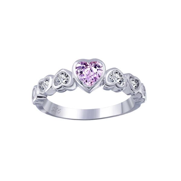Silver 925 Rhodium Plated Pink Center CZ Heart Ring - BGR00014P | Silver Palace Inc.