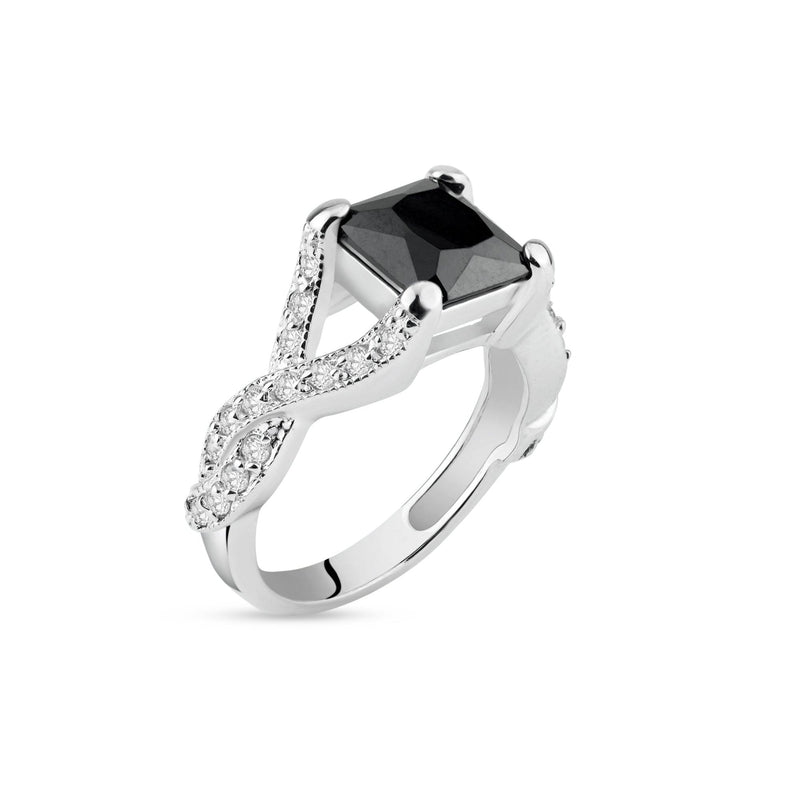 Silver 925 Rhodium Plated Black Square Center and Clear CZ Ring - BGR00032
