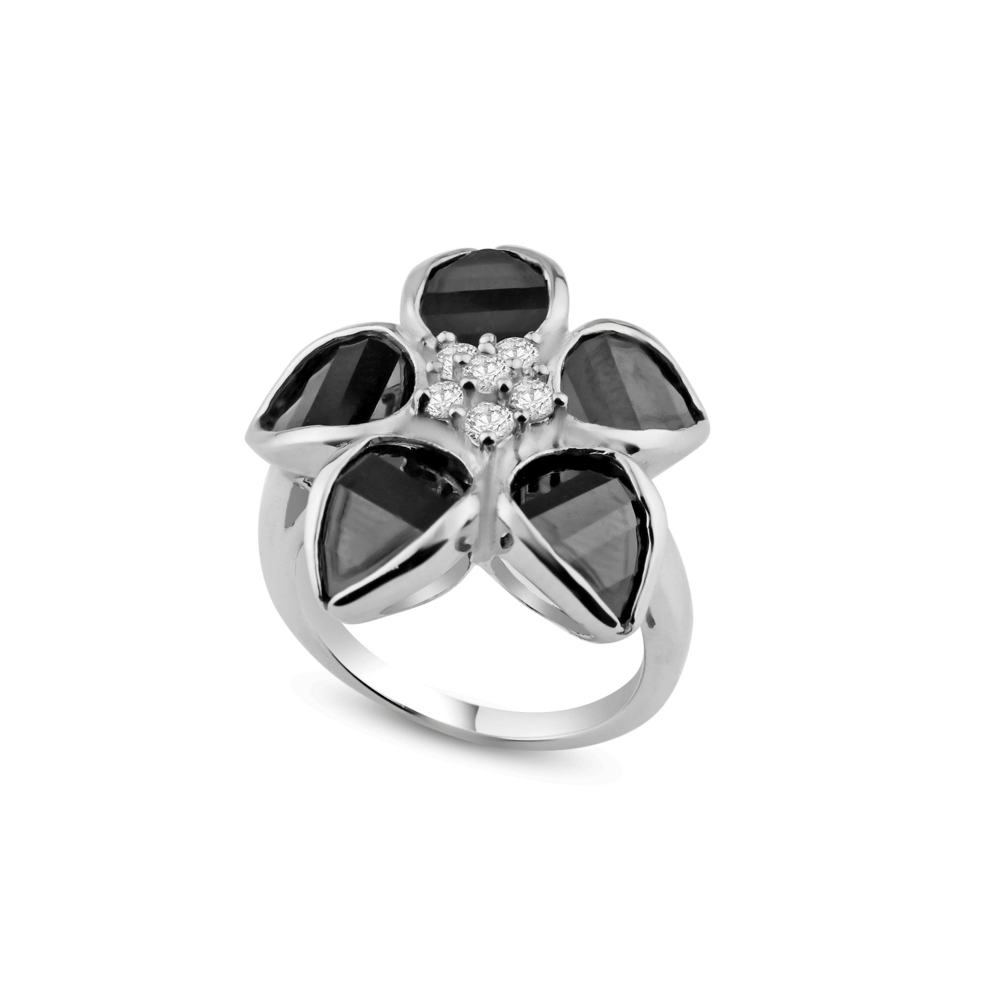 Silver 925 Rhodium and Black Rhodium Plated Black Clear CZ Flower 