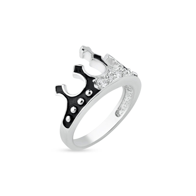 Silver 925 Rhodium Plated Black Enamel CZ Crown Ring - BGR00036