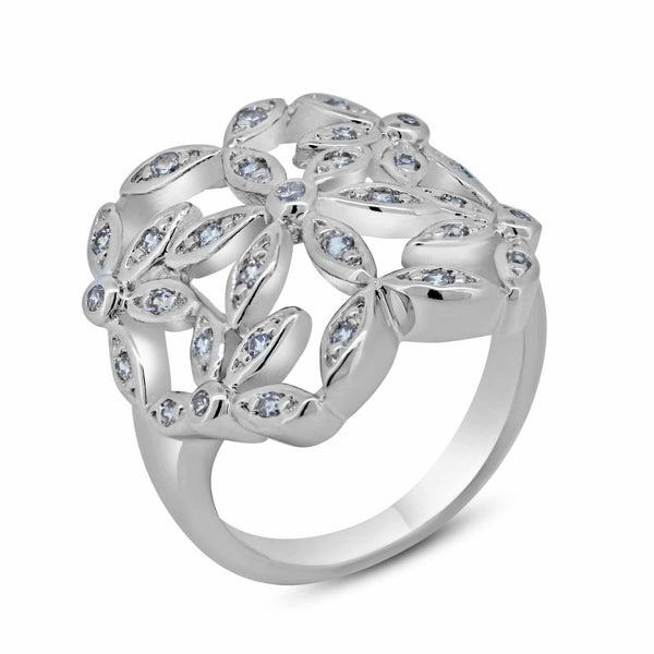 Closeout-Silver 925 Rhodium Plated Clear CZ Cigar Band Flower Ring - BGR00062 | Silver Palace Inc.