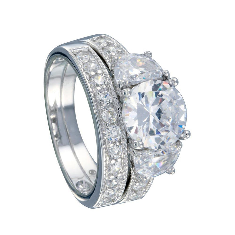 Silver 925 Rhodium Plated Clear Round Center CZ Bridal Ring Set - BGR00069