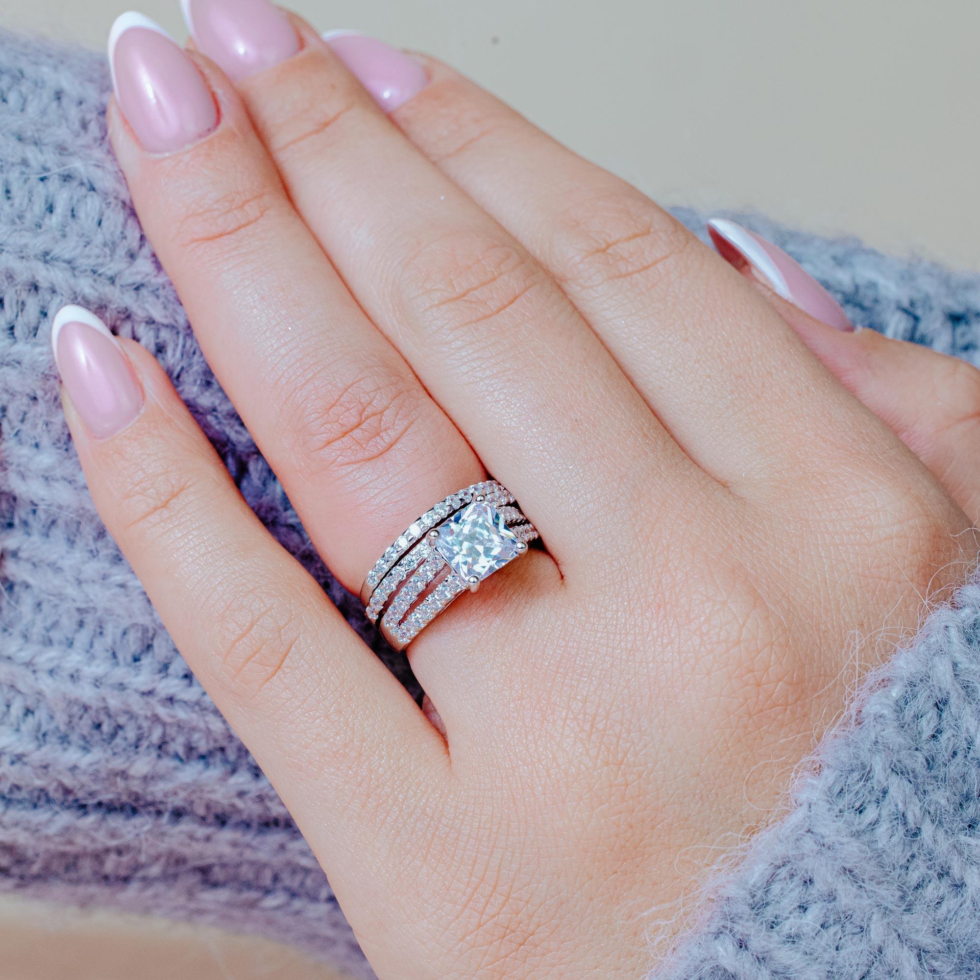 Rhodium Plated 925 Sterling Silver Clear Princess Cut Pave Set CZ Bridal Ring Set - BGR00081