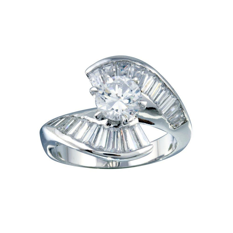 Silver 925 Rhodium Plated Clear Baguette CZ Wave Ring - BGR00094