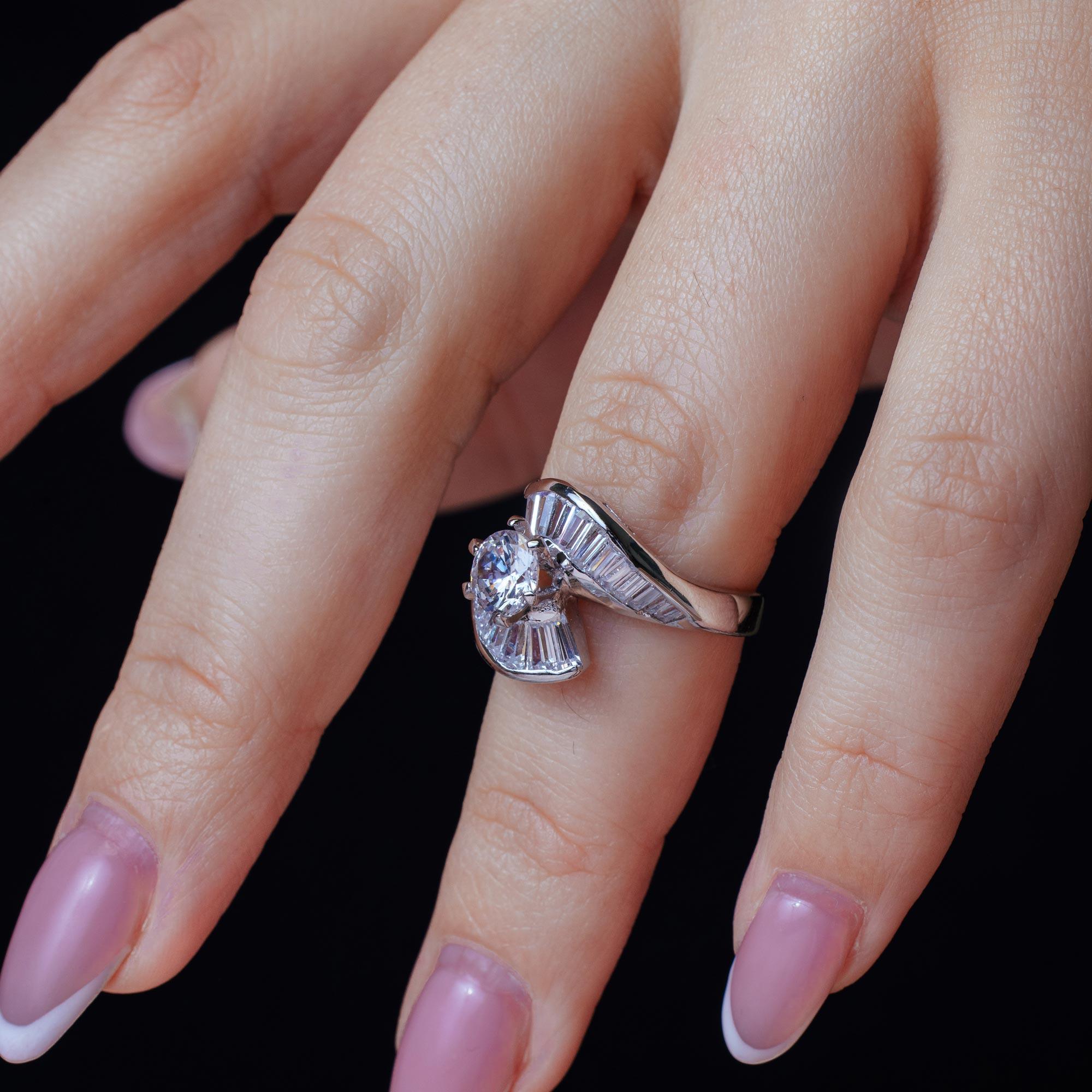 Rhodium Plated 925 Sterling Silver Clear Baguette CZ Wave Ring - BGR00094