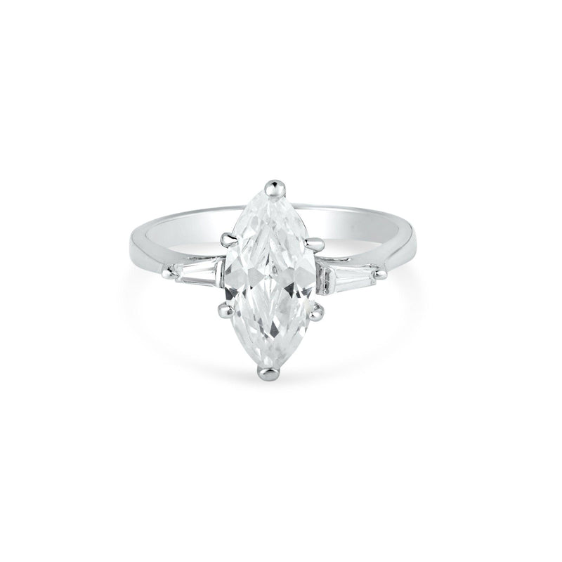 Silver 925 Rhodium Plated Single Marquise CZ Bridal Ring - BGR00121