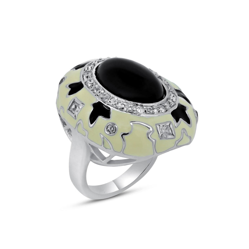 Closeout-Silver 925 Rhodium Plated Black and White Enamel Black Stone Center Clear CZ Dome Ring - BGR00131 | Silver Palace Inc.