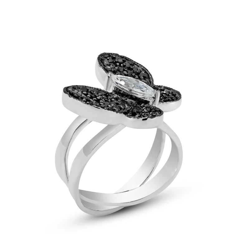 Closeout-Silver 925 Rhodium and Black Rhodium Plated Clear Marquise and Pave Set Black CZ Butterfly Ring - BGR00137 | Silver Palace Inc.