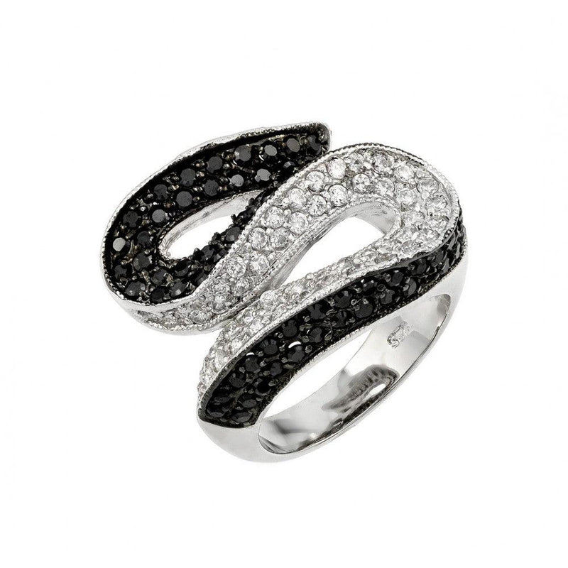 Closeout-Silver 925 Rhodium and Black Rhodium Plated Clear and Black Pave Set CZ S Curve Ring - BGR00143 | Silver Palace Inc.