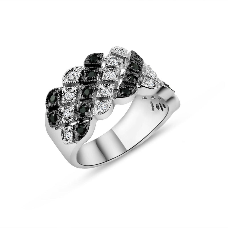 Closeout-Silver 925 Rhodium Plated Diamond Shaped Black and Clear CZ Ornate Ring - BGR00144 | Silver Palace Inc.