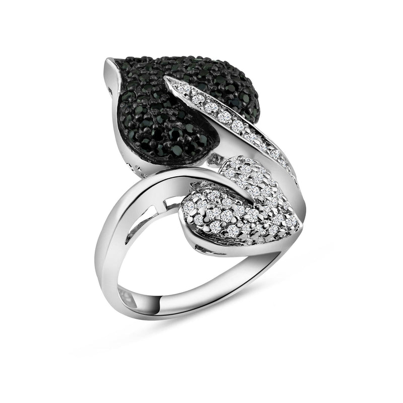 Closeout-Silver 925 Rhodium and Black Rhodium Plated Black and Clear CZ Leaf Ring - BGR00145 | Silver Palace Inc.