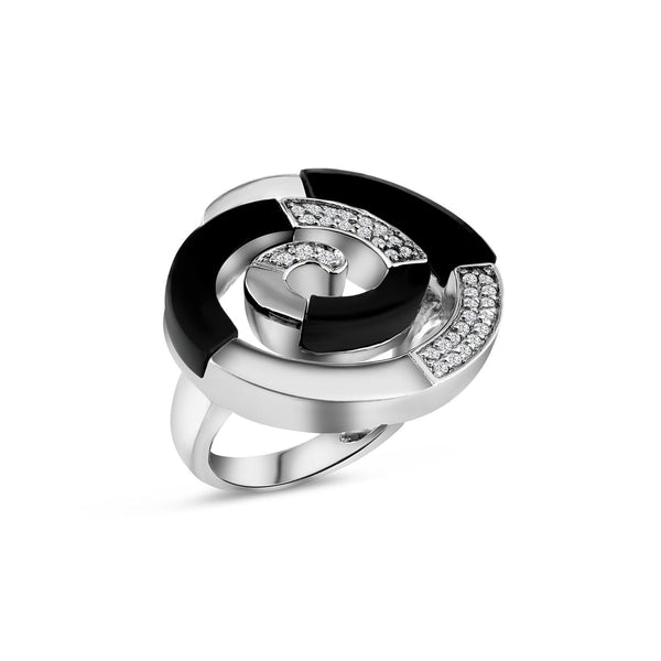 Closeout-Silver 925 Rhodium Plated Black Onyx Clear Pave Set CZ Spiral Swirl Ring - BGR00156 | Silver Palace Inc.