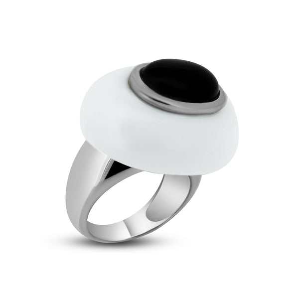 Closeout-Silver 925 Rhodium Plated White Enamel Onyx Dome Ring - BGR00169 | Silver Palace Inc.