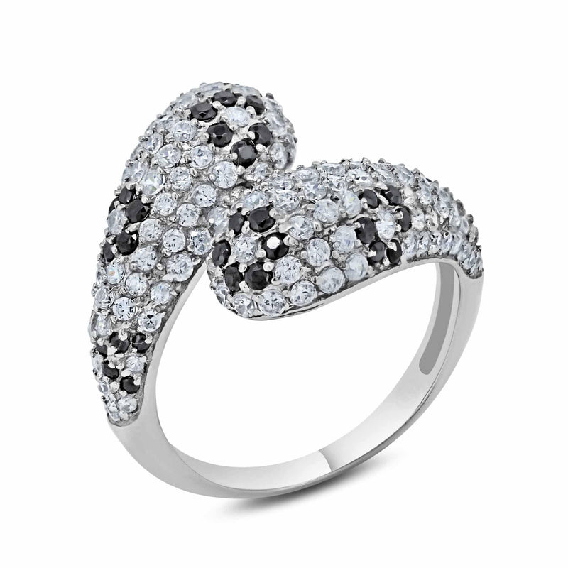 Closeout-Silver 925 Rhodium Plated Black and Clear CZ Flower Ring - BGR00197 | Silver Palace Inc.